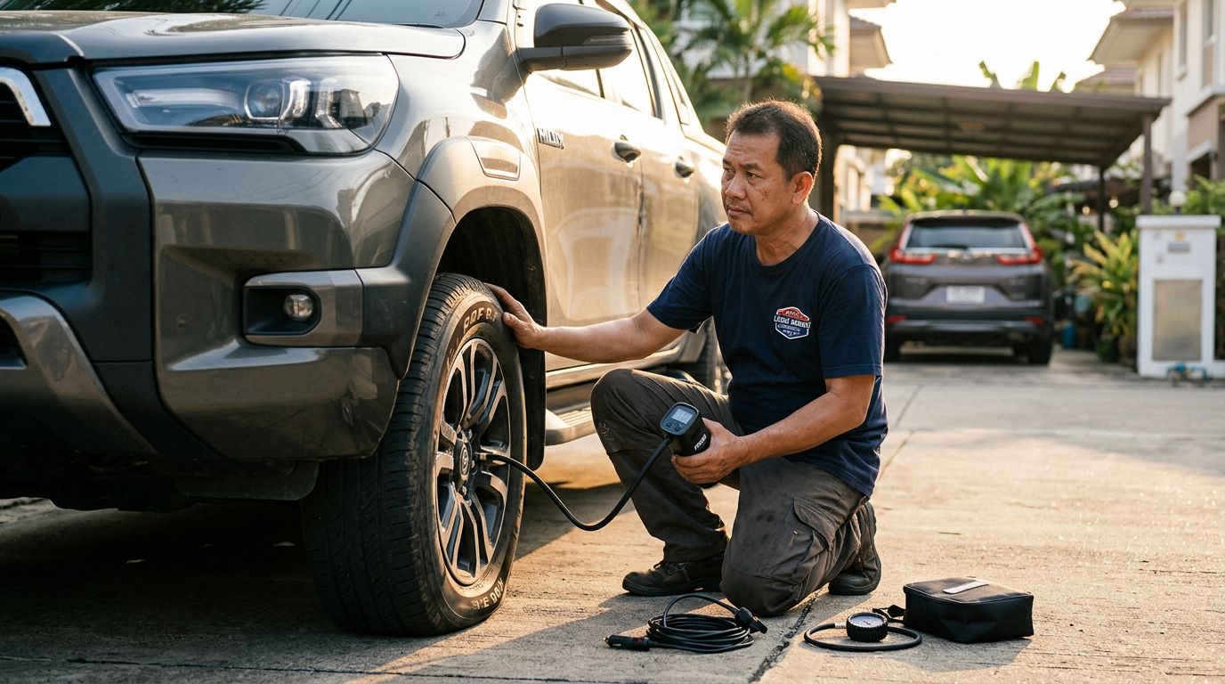 ปั๊มลมยางพกพา 12V กับไร้สาย เติมยางกระบะ-SUV ได้จริงไหม หรือแบตหมดก่อนลมเต็ม